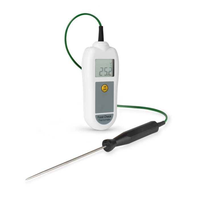 ETI Termometer Food Check®, inklusive insticksgivare. Lämpad för HACCP och egenkontroll. Uppfyller EN 13485. Kalibreringscertifikat ingår. Färg vit