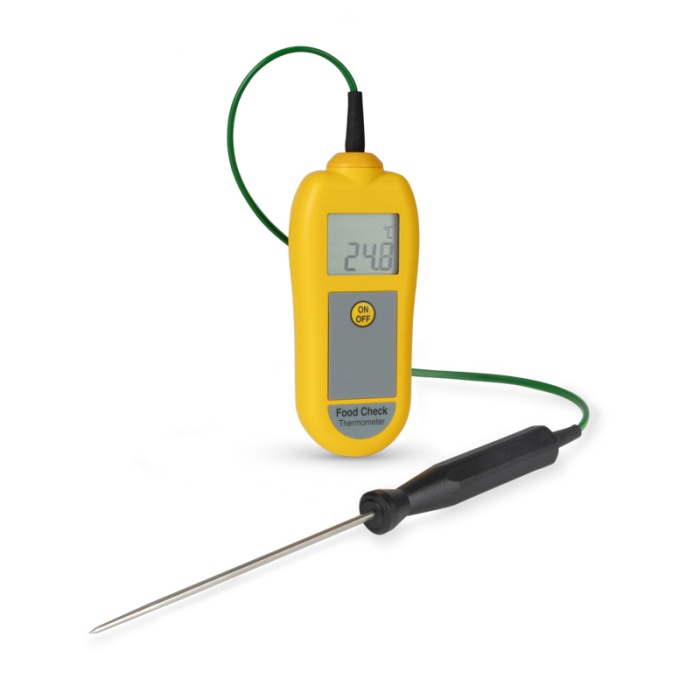 ETI Termometer Food Check®, inklusive insticksgivare. Lämpad för HACCP och egenkontroll. Uppfyller EN 13485. Kalibreringscertifikat ingår. Färg gul