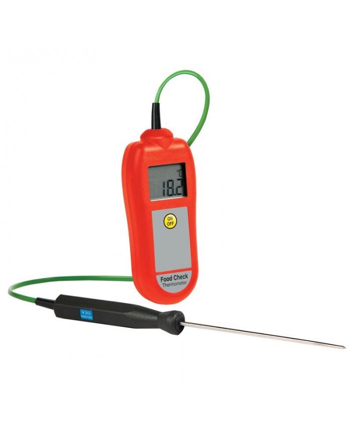 ETI Termometer Food Check®, inklusive insticksgivare. Lämpad för HACCP och egenkontroll. Uppfyller EN 13485. Kalibreringscertifikat ingår. Färg röd