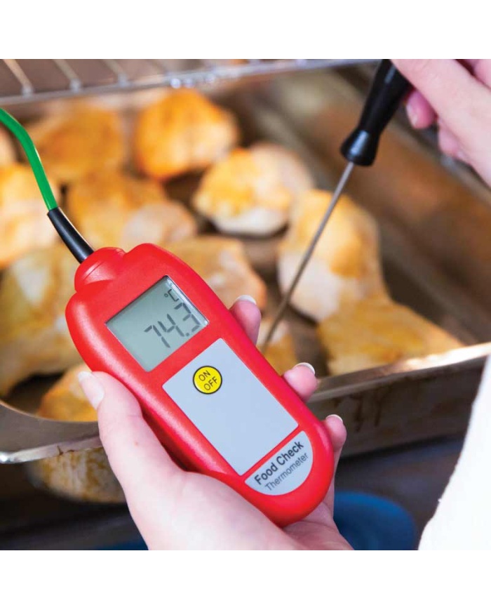 ETI Termometer Food Check®, inklusive insticksgivare. Lämpad för HACCP och egenkontroll. Uppfyller EN 13485. Kalibreringscertifikat ingår. Färg röd