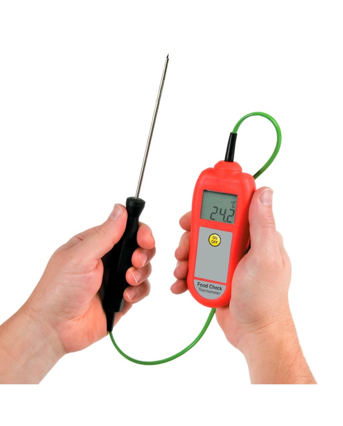 ETI Termometer Food Check®, inklusive insticksgivare. Lämpad för HACCP och egenkontroll. Uppfyller EN 13485. Kalibreringscertifikat ingår. Färg röd