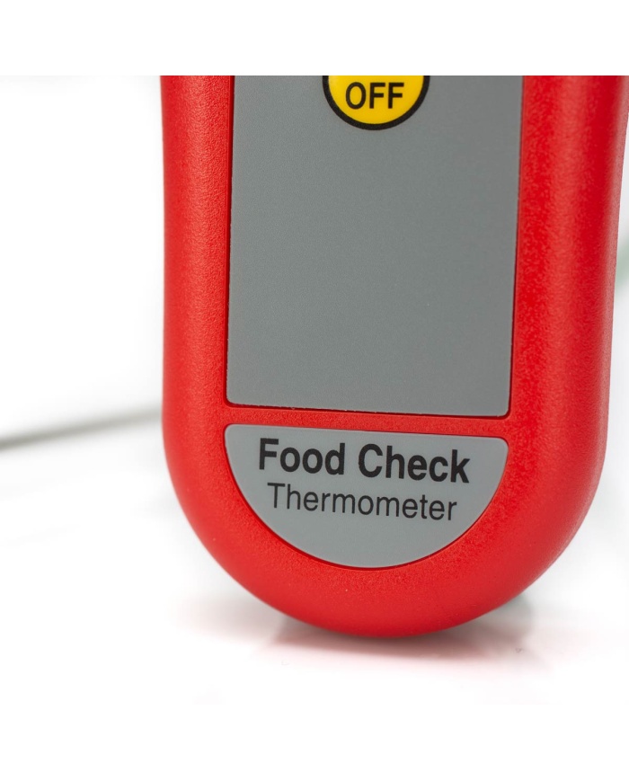 ETI Termometer Food Check®, inklusive insticksgivare. Lämpad för HACCP och egenkontroll. Uppfyller EN 13485. Kalibreringscertifikat ingår. Färg röd