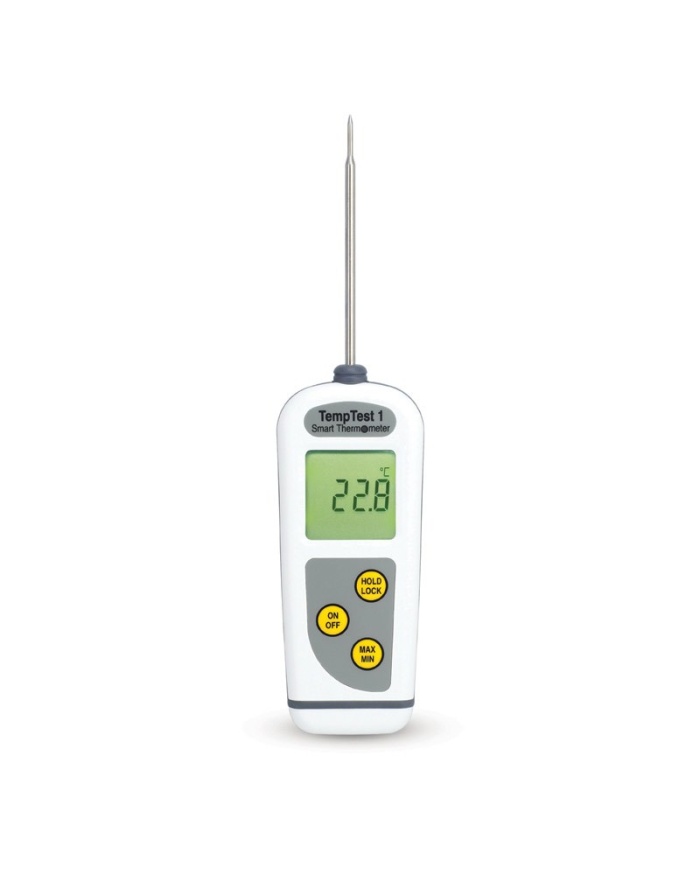 ETI Termometer TempTest® 1. Inklusive fast monterad insticksgivare Ø3.3 x 80mm. Displayen auto-roterar för enkel avläsning. IP67. Mätområde -50 till 300°C. Med kalibreringscertifikat och bärväska.