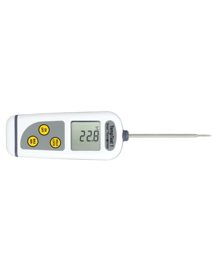 ETI Termometer TempTest® 1. Inklusive fast monterad insticksgivare Ø3.3 x 80mm. Displayen auto-roterar för enkel avläsning. IP67. Mätområde -50 till 300°C. Med kalibreringscertifikat och bärväska.