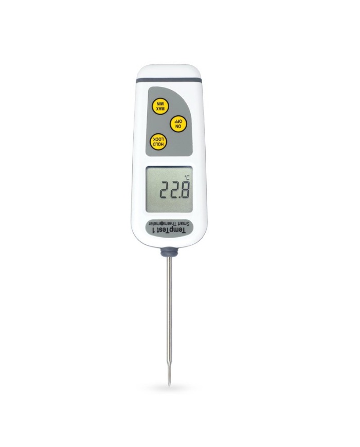 ETI Termometer TempTest® 1. Inklusive fast monterad insticksgivare Ø3.3 x 80mm. Displayen auto-roterar för enkel avläsning. IP67. Mätområde -50 till 300°C. Med kalibreringscertifikat och bärväska.