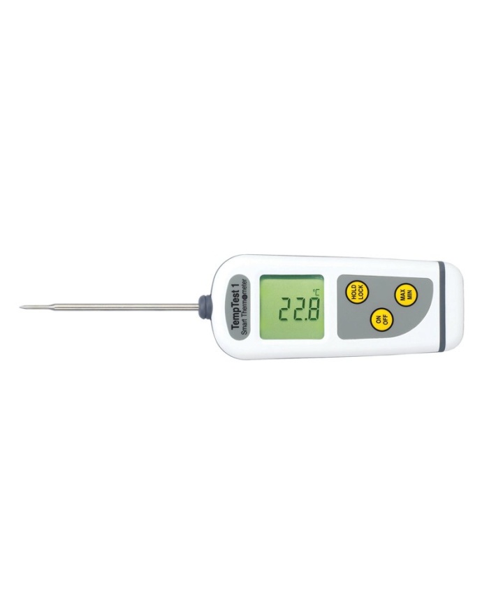 ETI Termometer TempTest® 1. Inklusive fast monterad insticksgivare Ø3.3 x 80mm. Displayen auto-roterar för enkel avläsning. IP67. Mätområde -50 till 300°C. Med kalibreringscertifikat och bärväska.