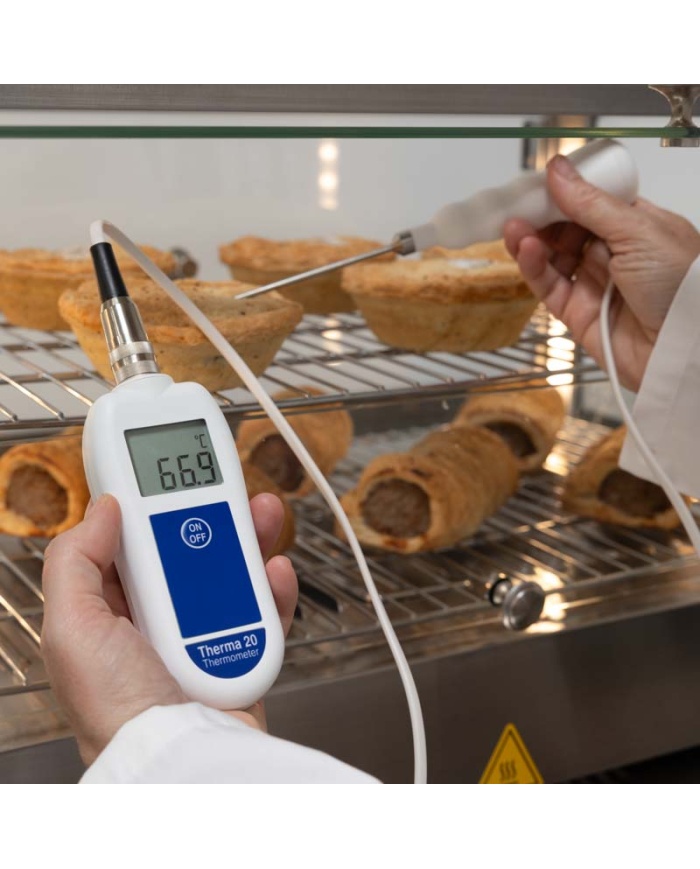 ETI Termometer Therma® 20, exklusive insticksgivare. Mätområde -39.9 till +149.9°C, upplösning 0,1°C. Lämpad för HACCP och egenkontroll. Uppfyller EN 13485. Kalibreringscertifikat ingår.
