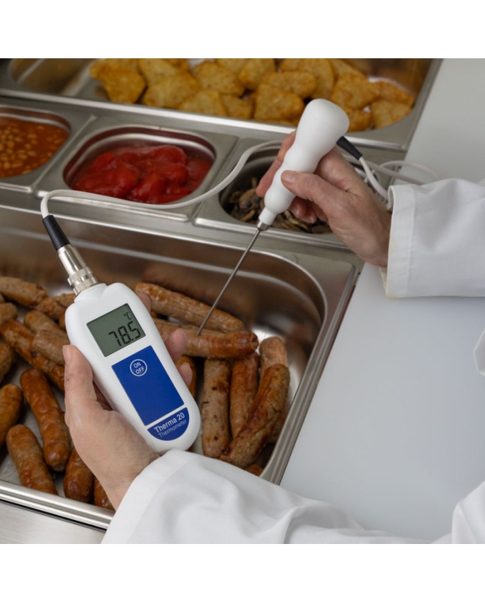 ETI Termometer Therma® 20, exklusive insticksgivare. Mätområde -39.9 till +149.9°C, upplösning 0,1°C. Lämpad för HACCP och egenkontroll. Uppfyller EN 13485. Kalibreringscertifikat ingår.