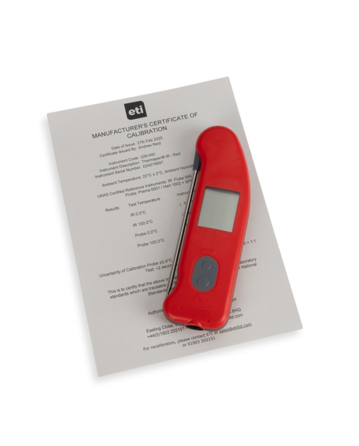 ETI Termometer Thermapen® IR. Utrustad med utfällbar insticksgivare och beröringsfri infraröd temperaturmätning, kalibreringscertifikat, röd.