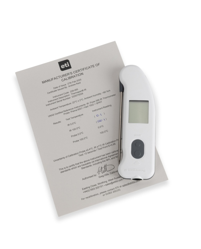 ETI Thermapen® IR-termometer. Kombinerad termometer för livsmedel med IR och utfällbar nålgivare. Kalibreringscertifikat