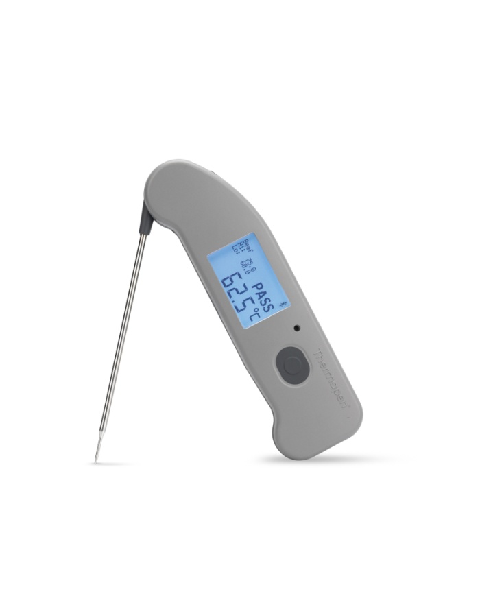 ETI Termometer Thermapen® ONE, utfällbar insticksnål och trådlös överföring via Bluetooth till kostnadsfri app i mobilen. Grå funktionsknapp.