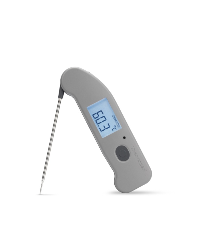 ETI Termometer Thermapen® ONE, utfällbar insticksnål och trådlös överföring via Bluetooth till kostnadsfri app i mobilen. Grå funktionsknapp.