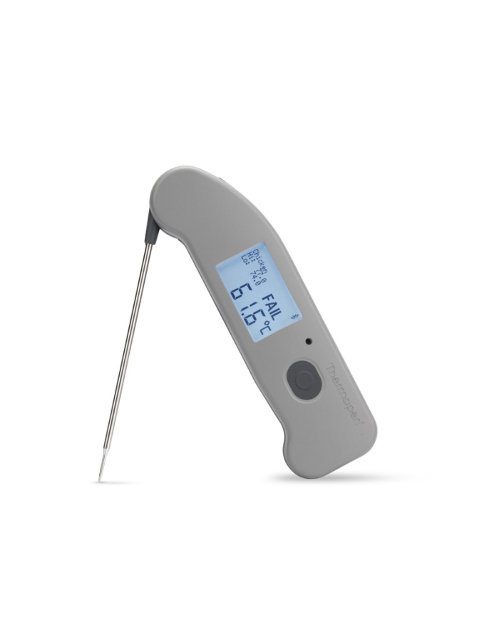 ETI Termometer Thermapen® ONE, utfällbar insticksnål och trådlös överföring via Bluetooth till kostnadsfri app i mobilen. Grå funktionsknapp.