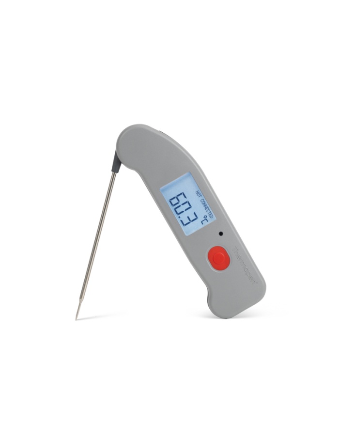 ETI Termometer Thermapen® ONE, utfällbar insticksnål och trådlös överföring via Bluetooth till kostnadsfri app i mobilen. Röd funktionsknapp.