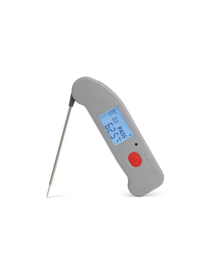 ETI Termometer Thermapen® ONE, utfällbar insticksnål och trådlös överföring via Bluetooth till kostnadsfri app i mobilen. Röd funktionsknapp.
