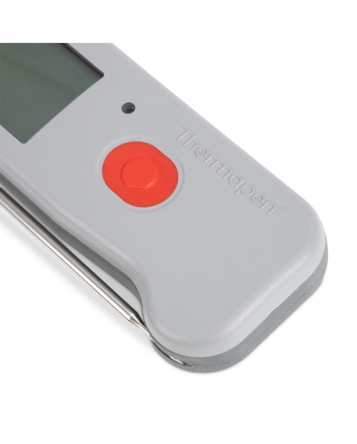 ETI Termometer Thermapen® ONE, utfällbar insticksnål och trådlös överföring via Bluetooth till kostnadsfri app i mobilen. Röd funktionsknapp.