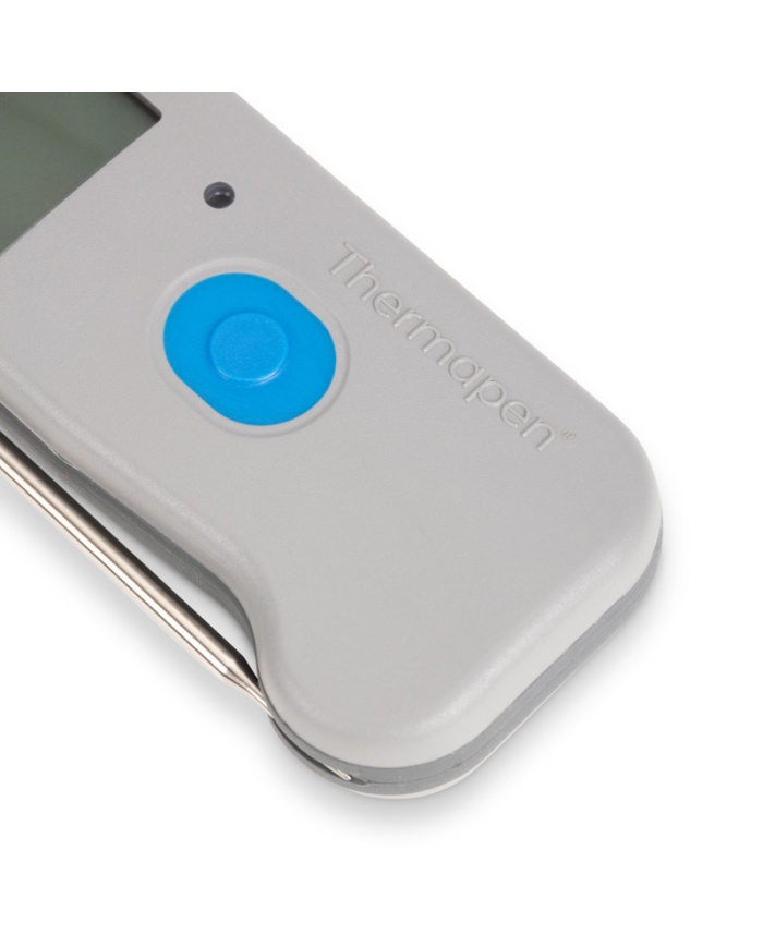 ETI Termometer Thermapen® ONE, utfällbar insticksnål och trådlös överföring via Bluetooth till kostnadsfri app i mobilen. Blå funktionsknapp.
