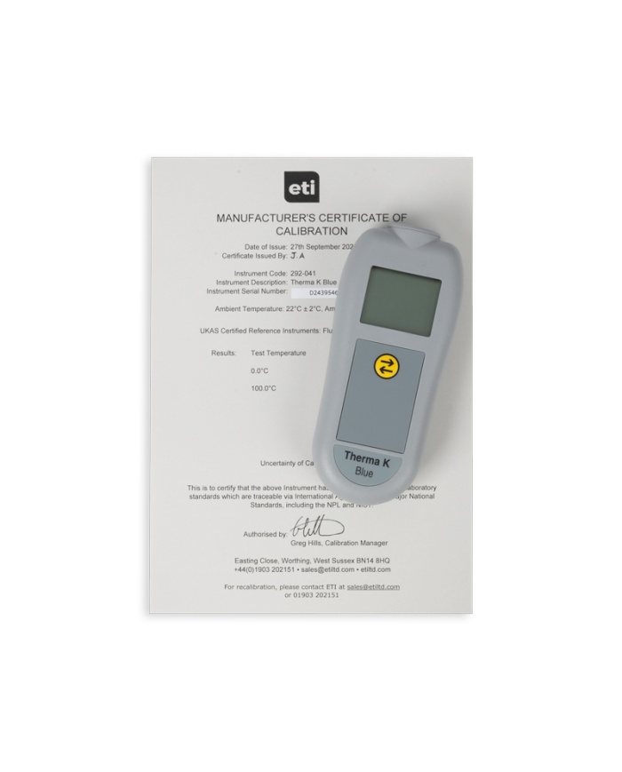 ETI Termometer Therma® K Blue, temperaturöverföring med Bluetooth. För givare termoelement Typ K. Gratis app för mobiltelefon. Med kalibreringscertifikat.