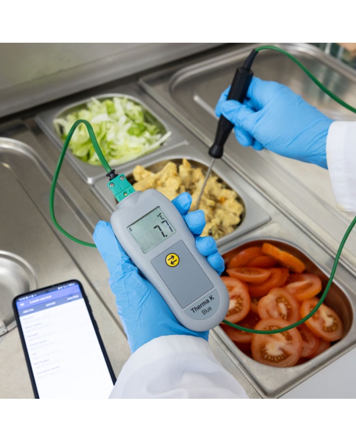 ETI Termometer Therma® K Blue, temperaturöverföring med Bluetooth. För givare termoelement Typ K. Gratis app för mobiltelefon. Med kalibreringscertifikat.