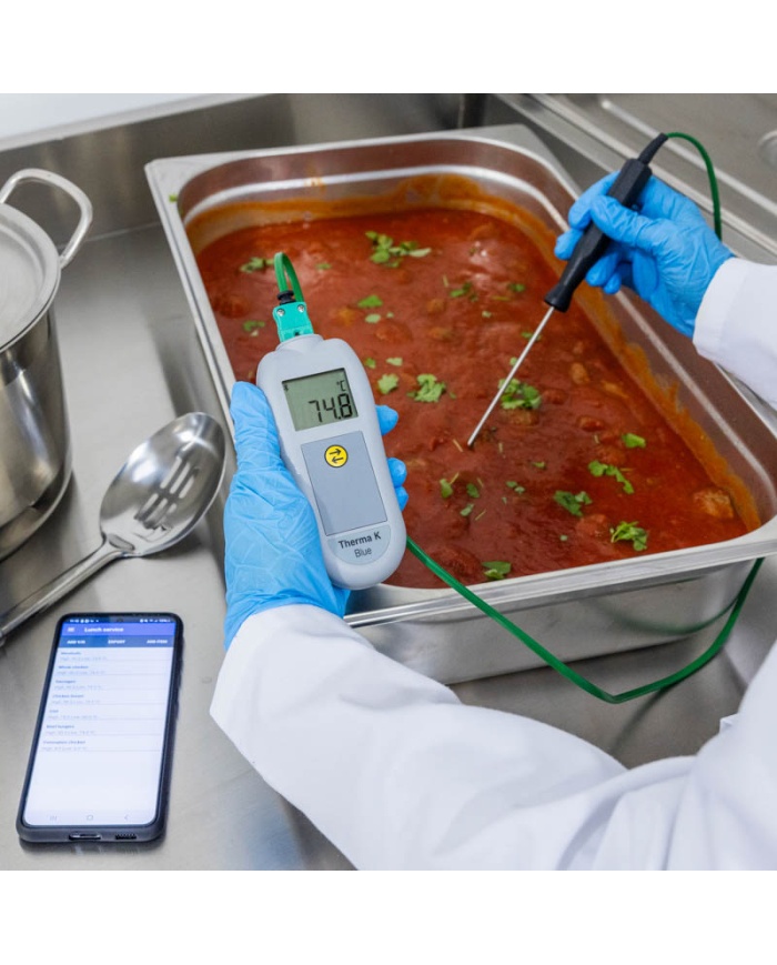 ETI Termometer Therma® K Blue, temperaturöverföring med Bluetooth. För givare termoelement Typ K. Gratis app för mobiltelefon. Med kalibreringscertifikat.