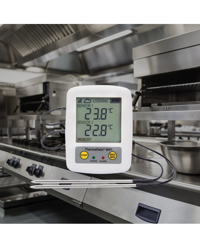 ETI ThermaData® WiFi TD2F Temperaturlogger. 2-kanalig. 2st externa termistor-givare med insticksgivare. Med display. Kalibreringscertifikat