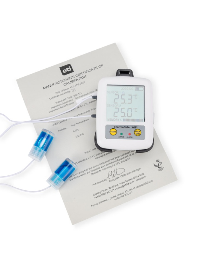ETI ThermaData® Pharm WiFi TD2F Temperaturlogger. 2-kanalig. 2st externa termistor-givare som emulerar vaccinbehållare. Med display. Kalibreringscertifikat