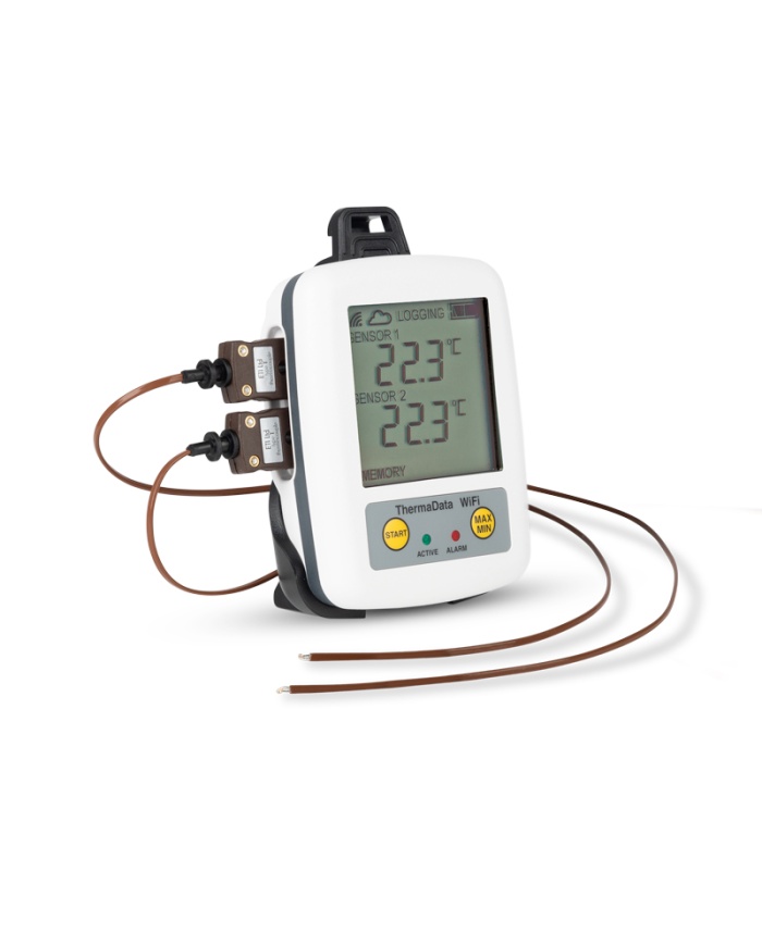 ETI ThermaData® WiFi TD2TC Temperaturlogger. 2-kanalig. Med display. För 2st externa givare termoelement typ T. Kalibreringscertifikat