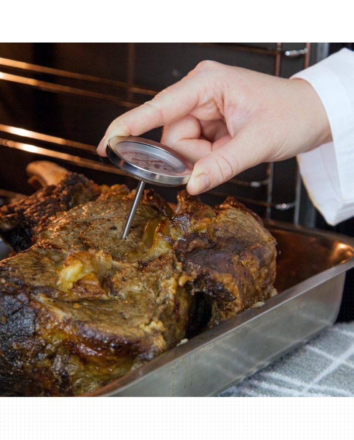 ETI Traditionell analog kött- & stektermometer. Ø55mm rund visartavla. Visar rekommenderade stektemperaturer. Upp till 100°C