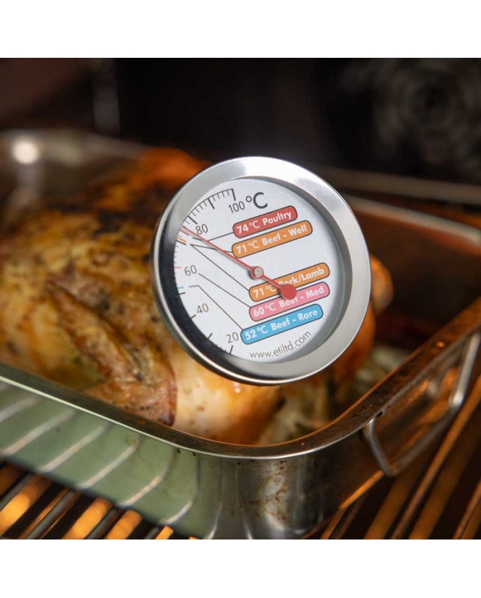 ETI Traditionell analog kött- & stektermometer. Ø55mm rund visartavla. Visar rekommenderade stektemperaturer. Upp till 100°C