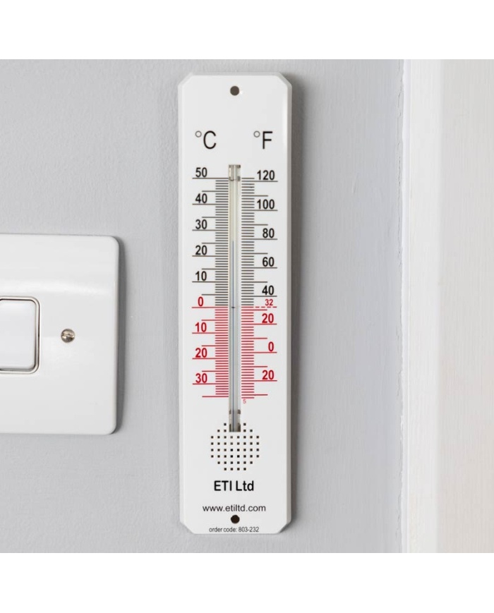 ETI Rumstermometer, analog, mäter mellan -30 till +50°C. Mått: 45 x 195mm