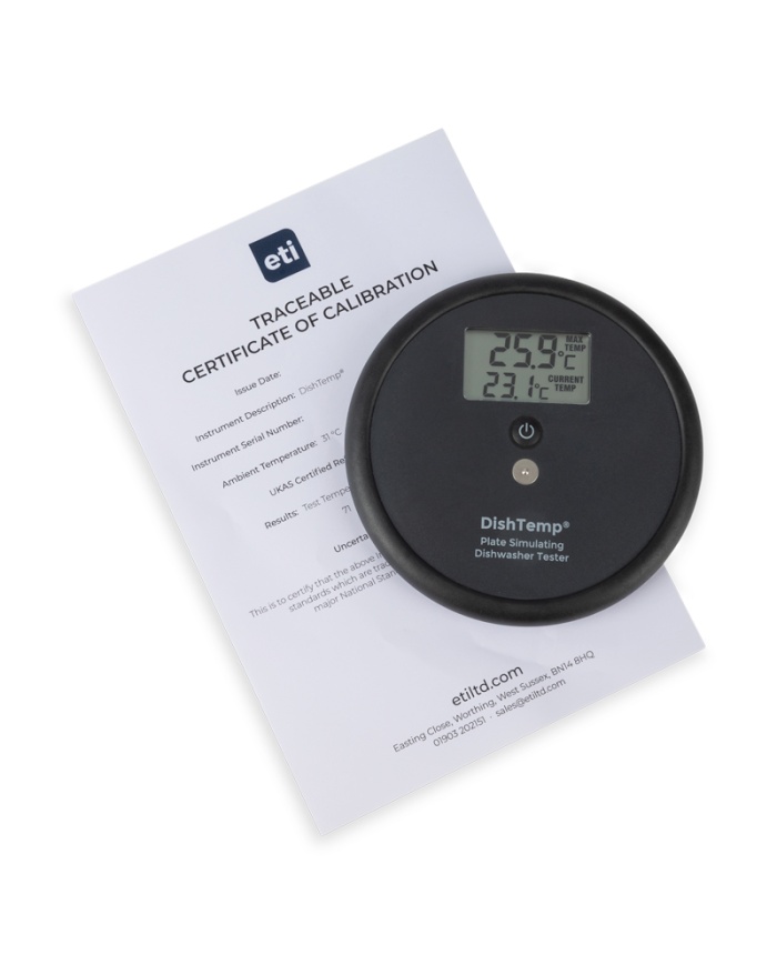 ETI DishTemp®. Smart termometer för diskmaskiner. Den simulerar en tallrik och sparar högsta temperatur för avläsning