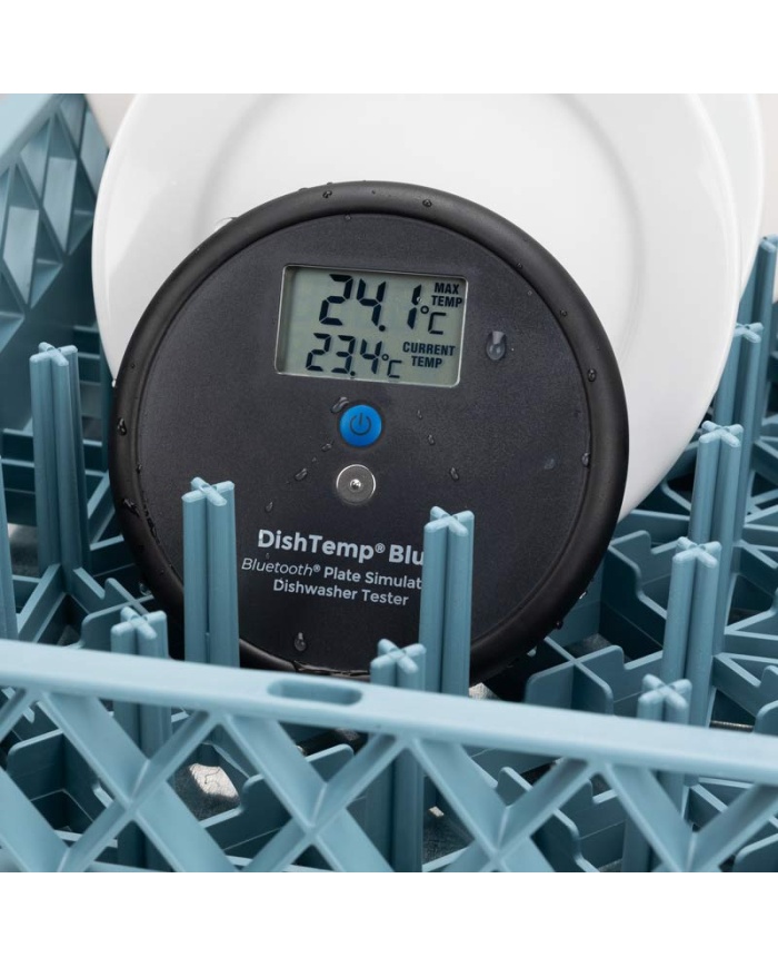 ETI DishTemp® Blue. Smart termometer för diskmaskiner. Den simulerar en tallrik och sparar högsta temperatur för avläsning. Överföring via Bluetooth. Kalibreringscertifikat.