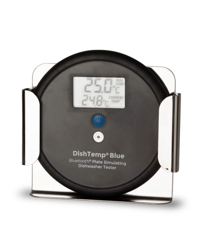 ETI DishTemp® Blue. Smart termometer för diskmaskiner. Den simulerar en tallrik och sparar högsta temperatur för avläsning. Överföring via Bluetooth. Kalibreringscertifikat.