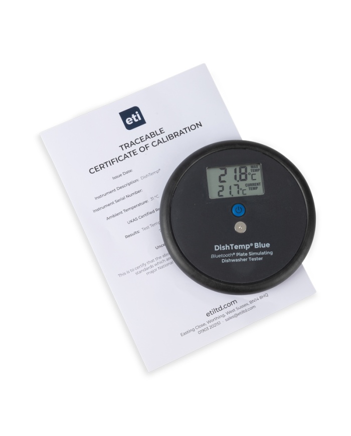 ETI DishTemp® Blue. Smart termometer för diskmaskiner. Den simulerar en tallrik och sparar högsta temperatur för avläsning. Överföring via Bluetooth. Kalibreringscertifikat.