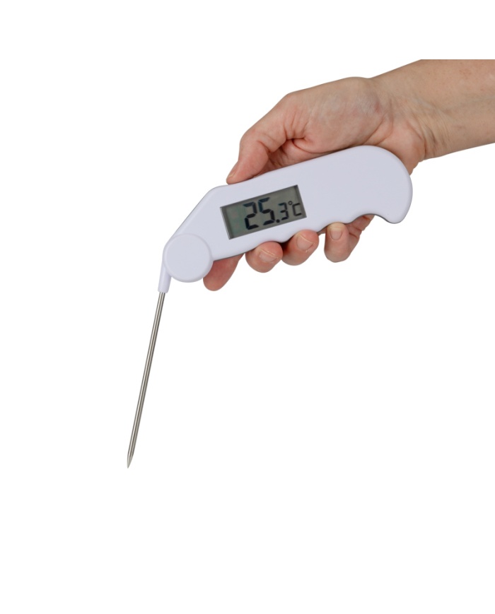ETI Gourmet-termometer, infällbar nål, vattentålig med knapp för korrekt visning av 0°C i isbad - vit