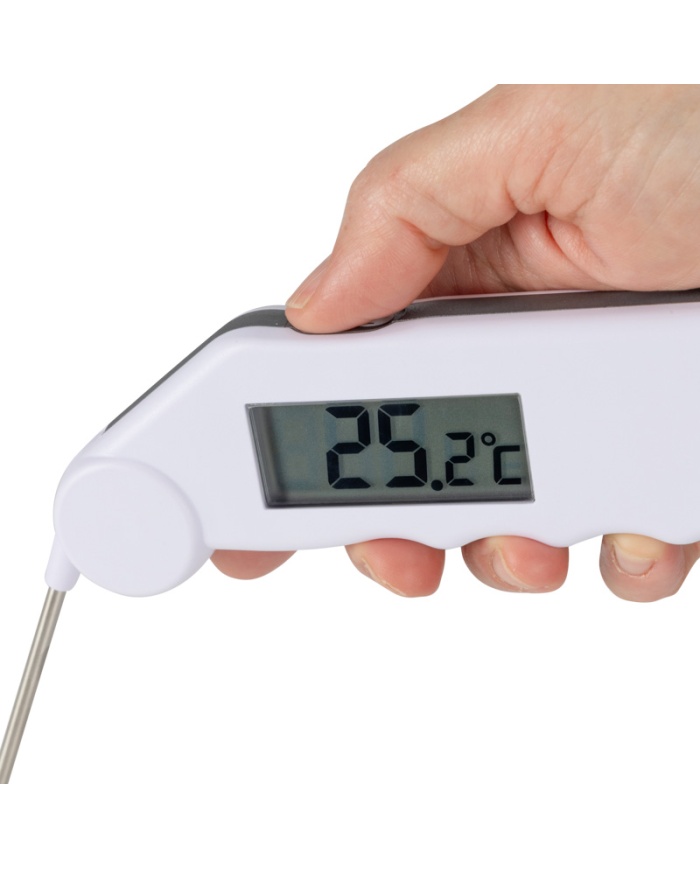ETI Gourmet-termometer, infällbar nål, vattentålig med knapp för korrekt visning av 0°C i isbad - vit