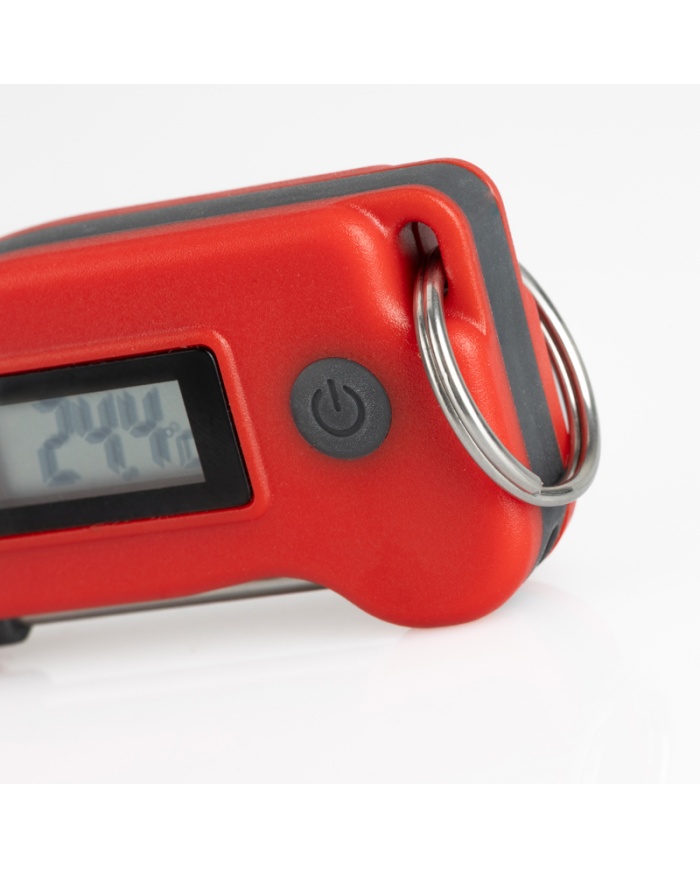 ETI Digital miniatyr-termometer med insticksnål. Kan fästas på din nyckelknippa. Röd.