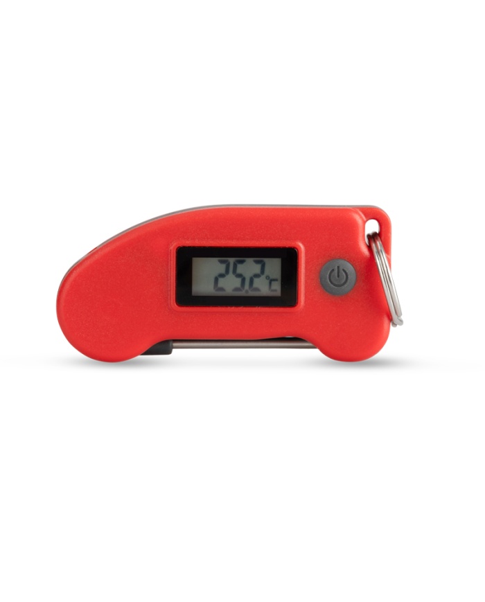 ETI Digital miniatyr-termometer med insticksnål. Kan fästas på din nyckelknippa. Röd.