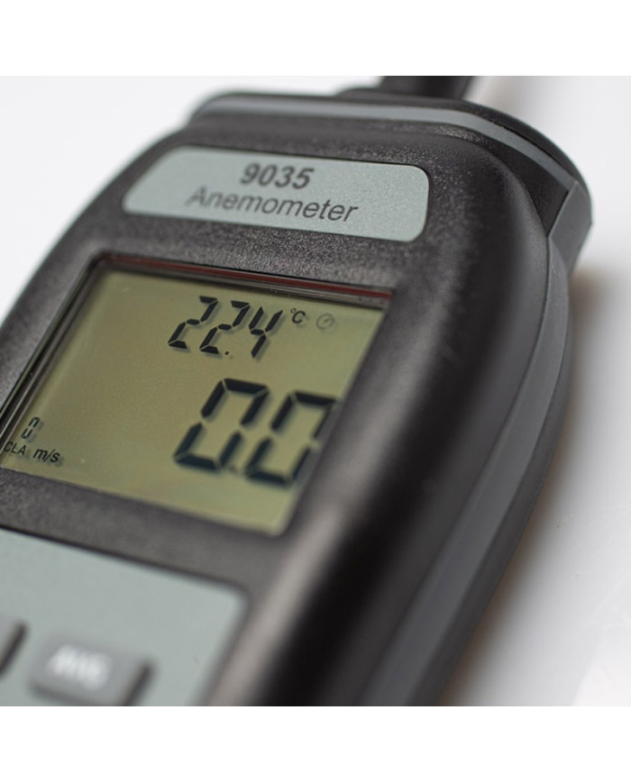 ETI Anemometer & termometer model 9035, visar sanmtidigt lufthastighet och temperatur. Max & Min. Givaren är monterad på spiralkabel