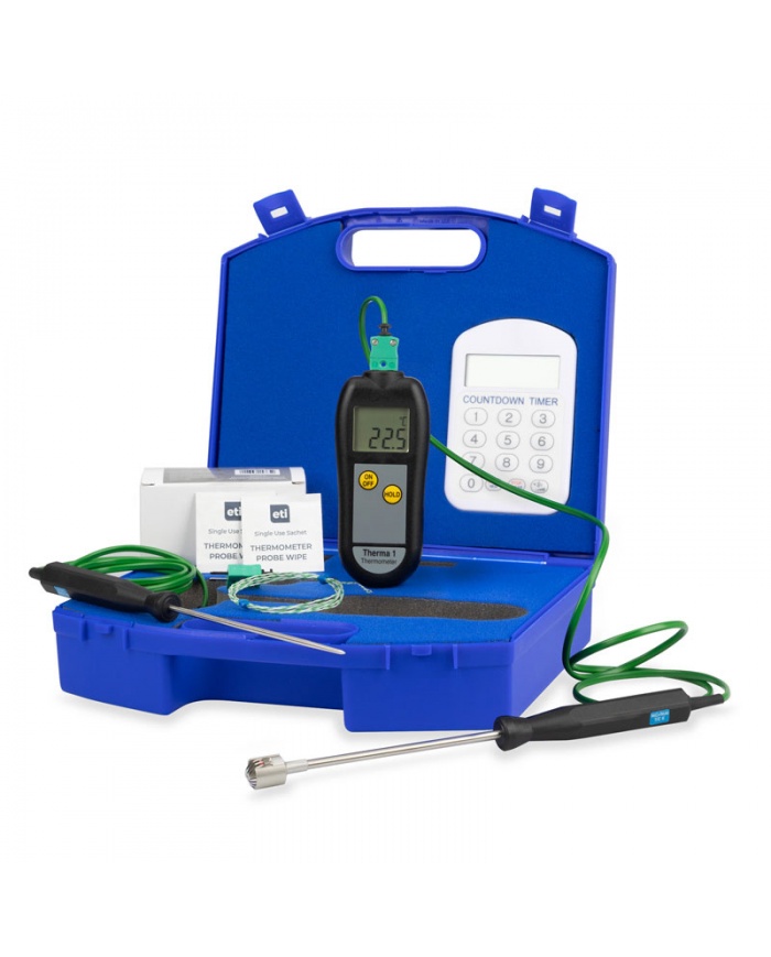 ETI Termometer-kit för legionella-kontroller för vattentemperatur. Innehåller termometer Therma® 1, insticksgivare, ytgivare, trådgivare, timer, bärväska, m.m.
