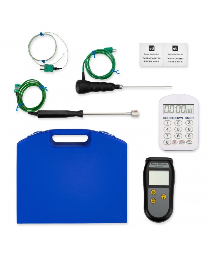 ETI Termometer-kit för legionella-kontroller för vattentemperatur. Innehåller vattentät termometer Therma® Waterproof, insticksgivare, ytgivare, trådgivare, timer, m.m.