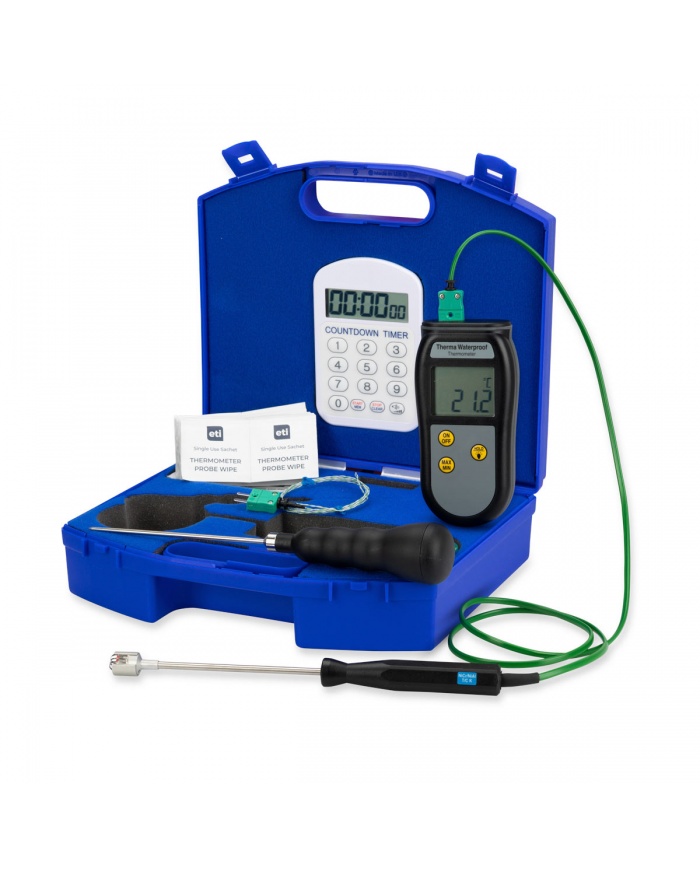 ETI Termometer-kit för legionella-kontroller för vattentemperatur. Innehåller vattentät termometer Therma® Waterproof, insticksgivare, ytgivare, trådgivare, timer, m.m.