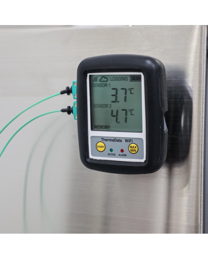 ETI ThermaQ® WiFi Logger-kit för kyl & frys-temperaturer. Ingår 2st givare, Typ K, för trådlös temperaturmätning med WiFi-överföring av mätdata till molnet och din mobil. Gratis kalibreringscertifikat.