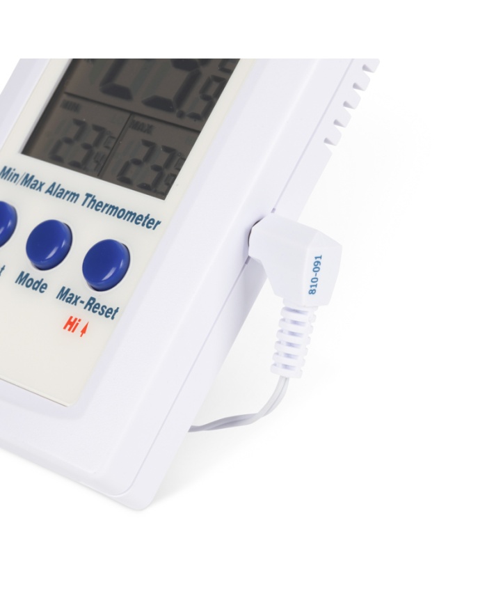 ETI Digital termometer med samtidig visning av intern och extern givare på sladd. Visning av Max/Min och programmerbart larm.