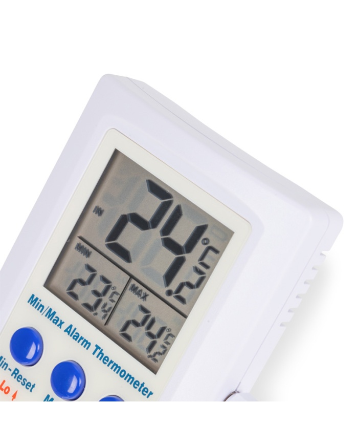ETI Digital termometer med samtidig visning av intern och extern givare på sladd. Visning av Max/Min och programmerbart larm.