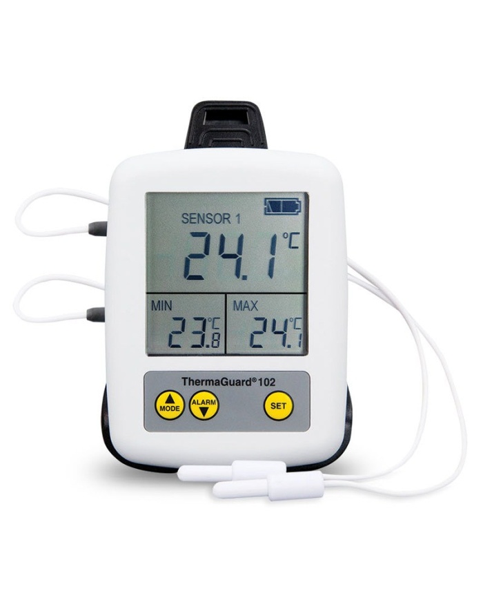 ETI Kyl & Frystermometer ThermaGuard® 102, med 2 st externa givare med vardera 2m kabel. Inkluderar UKAS kalibreringscertifikat för -18, 0°C.